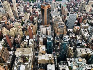 aerial photo of NYC buildings